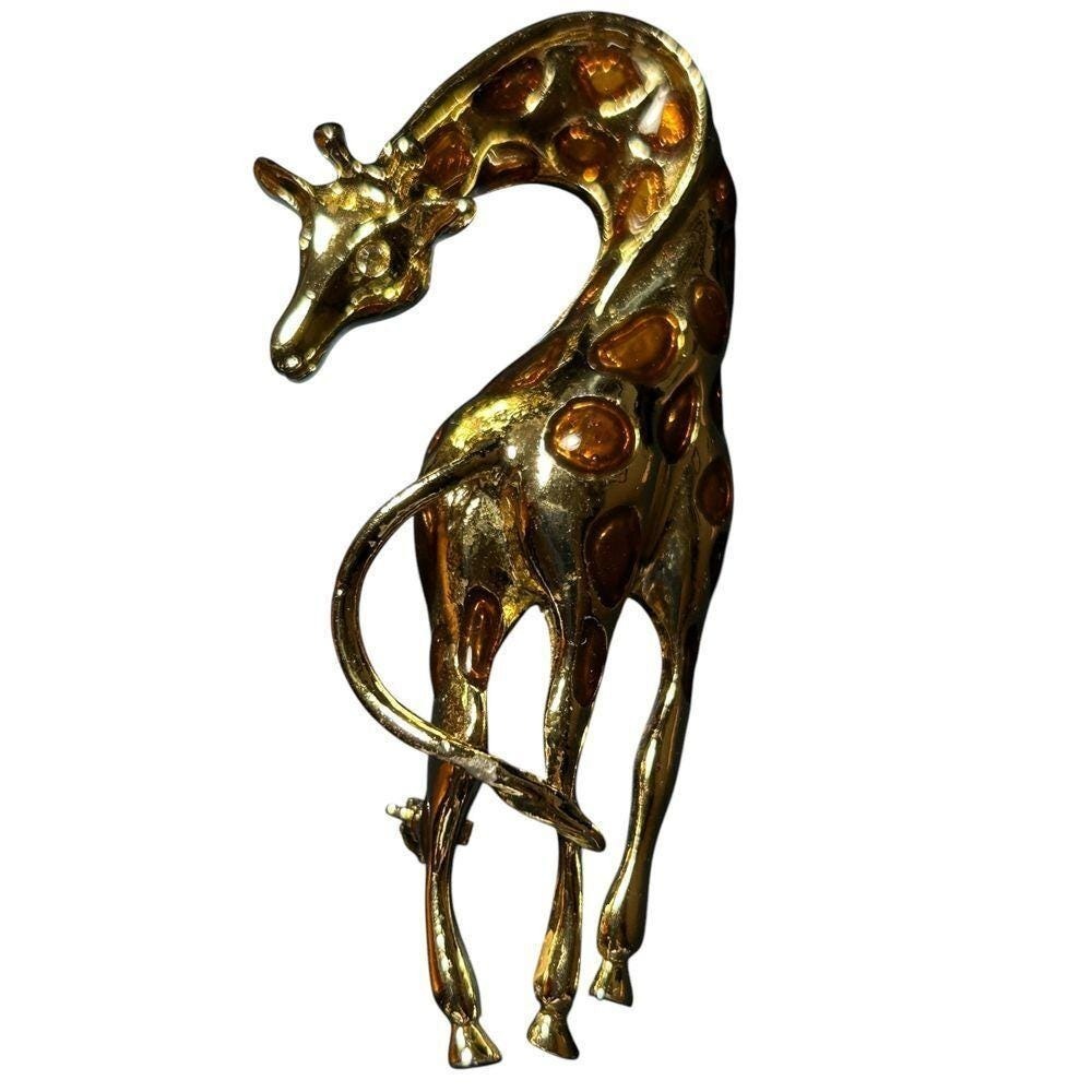 Vintage Giraffe Brooch Gold Tone Amber Glass Spots Safari Animal Statement Pin